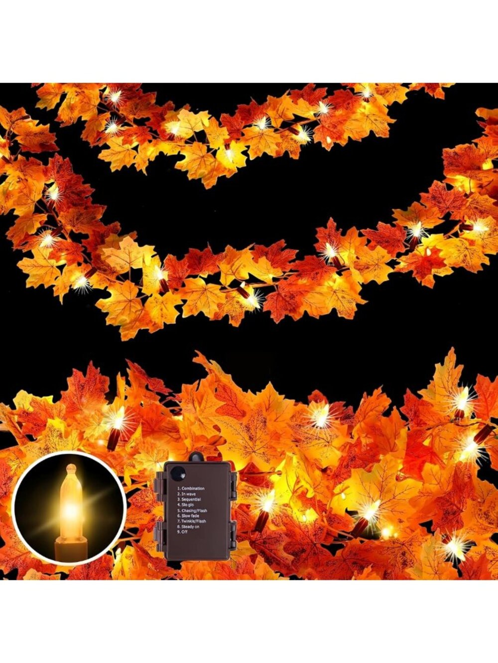 3-Pack Lighted Fall Garland with Timer - 9.8FT, 50 Orange Bulbs, Autumn Decor